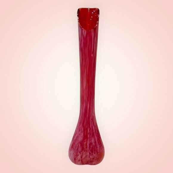 Vintage Red Glass Vase 1960's Red-Orange with White Swirls Art Glass Vase Swung - Picture 2 of 16